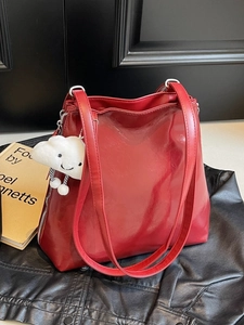 Red glossy leather tote bag with cloud charm and large capacity for daily commuting