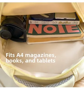 Macro view of school backpack interior showing large capacity for A4 books and tablet