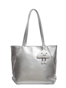 Silver metallic tote bag with cloud charm and knotted base details on white background