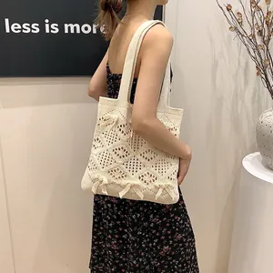 Sac Fourre-Tout en Tricot Doux Nœud Papillon Ajouré Grande Capacité Sac à Épaule Tissé Femmes Vacances Vintage