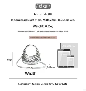 Size chart showing silver quilted PU bag dimensions 22x11x7cm and capacity details