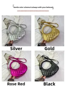Detailed grid view of quilted half-moon handbags in silver, gold, rose and black colors