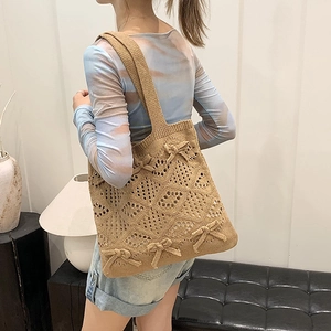 Sac cabas chic en tricot avec détails nœuds et motif crochet ajouré pour femme