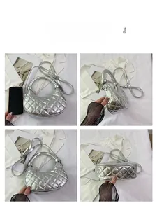 Silver quilted crescent bag shown from four angles with smartphone for size comparison
