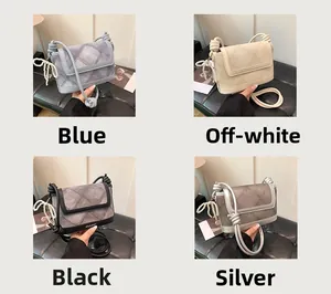 Collage of chic bucket bags in blue, beige, black, and silver with knot rope straps