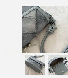 Detail view of denim bucket bag with pearl chain and AOLO BAG silver brand logo