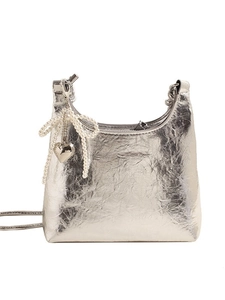 Metallic silver hobo shoulder bag with pearl bow charm and heart metal pendant