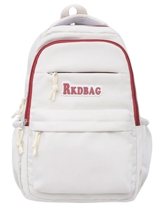 Minimalist white campus backpack with red zipper trim and RKDBAG embroidery detail
