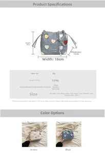 Detailed dimension guide and size chart for heart-patterned bucket crossbody bag