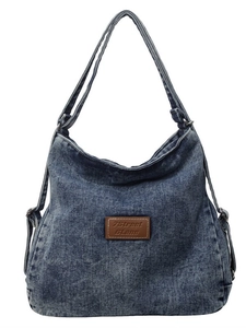 Borsa tote in denim lavato vintage con toppa in pelle e tracolle resistenti