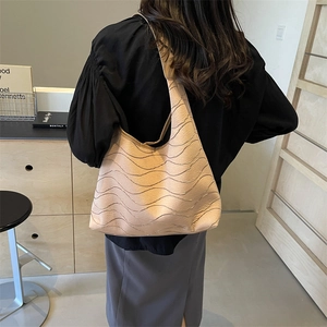 Women casual tote bag with textured wavy pattern in beige, hobo style shoulder bag