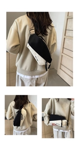 Detailansichten der schwarz-weißen Canvas-Brusttasche mit verstellbarem Gurt und Logo