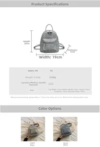Tableau des tailles détaillé pour mini sac à dos en similicuir avec dimensions et matériel