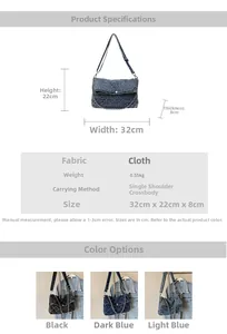 Tabella taglie borsa in denim trapuntata con dimensioni 32x22x8cm e dettagli catena