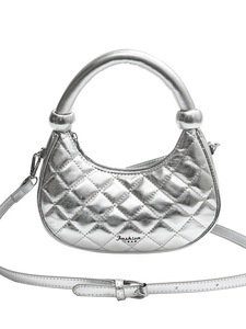 Silver quilted crescent handbag with metallic finish and adjustable shoulder strap