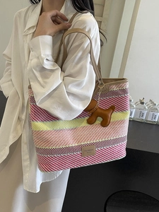 Borsa Tote in Paglia Intrecciata a Righe Colorate Boemia Grande Capacità Borsa a Spalla da Spiaggia Estiva Con Ciondolo Cucciolo Per Donna