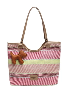 Borsa tote bohémien in paglia a righe con manici in pelle e ciondolo a cucciolo