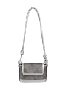 Silver quilted bucket bag with knotted rope shoulder strap and flap closure for women