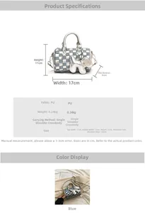 Detailed size specifications of blue checkered mini boston bag 17x11x8cm with puppy charm