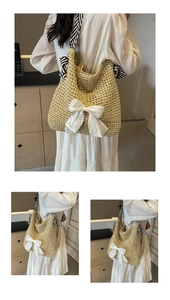 Detail of hand-woven straw tote bag with a large chiffon bow and striped fabric straps