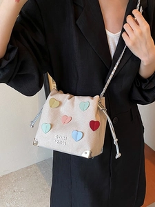 Women Fashion Heart Patch Bucket Bag Wrinkled PU Leather Drawstring Crossbody Bag With Chain Strap Niche Design Shoulder Bag