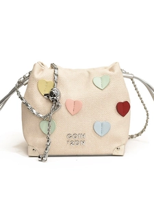 Chic beige bucket bag with colorful heart patches and silver chain strap for women