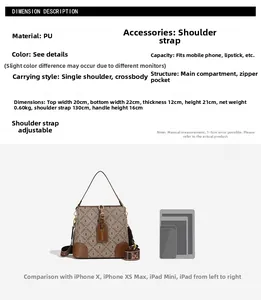 Size chart showing PU bucket bag dimensions and features with iPhone comparison guide
