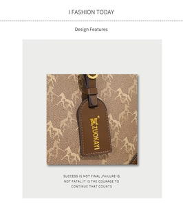 Detailed view of horse-patterned bucket bag featuring a brown leather logo hangtag