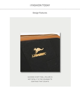 Detail des goldenen LDDAISHU Känguru-Logos auf einer schwarz-braunen Ledertasche