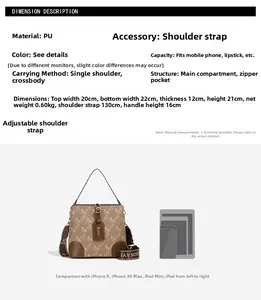 Detailed size comparison of the printed bucket bag with wide strap and phone reference