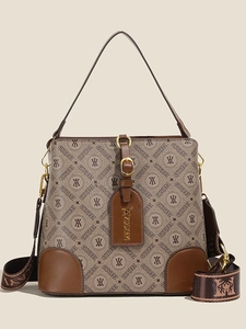 Retro Monogram Bucket Bag For Women Fashion PU Leather Shoulder Handbag With Wide Strap Crossbody Bucket Bag Casual Top Handle Bag