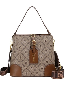 Chic retro bucket bag with vintage monogram pattern and wide decorative crossbody strap