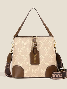 Vintage Horse Print PU Leather Bucket Bag For Women Fashion Wide Strap Crossbody Shoulder Bag Casual Daily Handbag