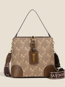 Retro canvas bucket bag with horse pattern and wide strap in brown and beige tones