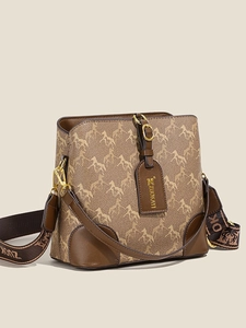 Fashionable brown bucket bag with horse pattern and wide branded canvas strap