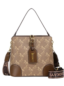 Retro canvas bucket bag with horse print and leather trim with wide shoulder strap