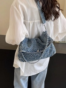 Borsa Tote in Denim Donna Grande Capacità Trapuntata a Rombi Catena Borsa a Spalla Tracolla Retro Lavata Casual