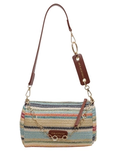 Bohemian striped straw boston bag with leather shoulder strap and floral gold chain