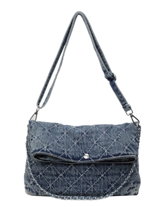 Borsa tote in denim trapuntato con catena argento e tracolla regolabile in blu lavato