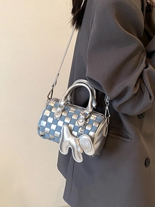 Checkered mini Boston bag in silver and blue with a cute dog charm on shoulder