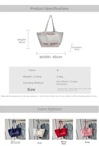 Detailed chart showing canvas tote bag dimensions and four color variations available