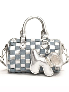 Silver metallic and blue denim woven checkerboard Boston bag with dog charm