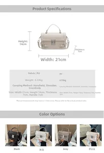 Detailed size chart for textured PU leather crossbody bag showing dimensions and colors