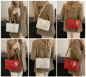 Collage of model wearing a stylish tote with pearl bow accent and lychee texture