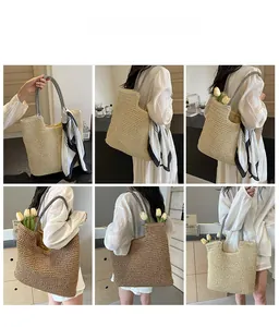 Collage of casual straw tote bags with striped handles in beige and brown colors