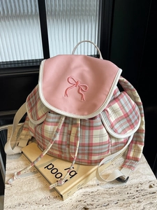 Sac à dos à carreaux rose avec broderie nœud et cordon de serrage pour femmes et filles