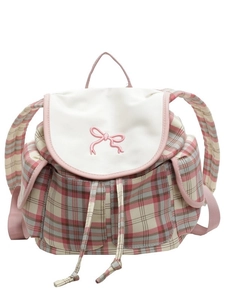Sac à dos à carreaux rose élégant avec rabat blanc et broderie nœud papillon