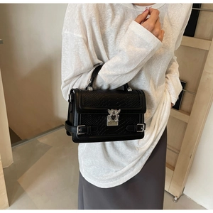 Detail of black crocodile texture handbag with silver metal buckle and top handle