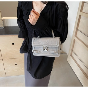 Detail of grey crocodile embossed leather bag featuring a silver butterfly clasp