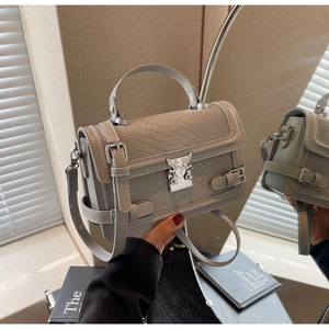 Detail of grey crocodile pattern small square bag with silver angel wings metal lock buckle